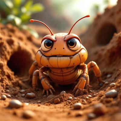 The primary subject of the image is a small, colorful, and creepy-looking insect, possibly a grasshopper or a similar type of creature. It is sitting in a dirt-covered area, surrounded by rocks and dirt. The visual style of the image is a combination of photo and digital art, creating a unique and intriguing appearance. The colors and mood of the image are predominantly earthy tones, with a slightly eerie and mysterious atmosphere.